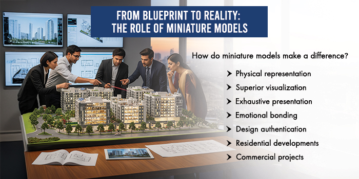 An architectural model and blueprints illustrating how miniature models play a key role in transforming architectural ideas into tangible, understandable visuals, making it easier to present and refine residential and commercial projects before construction.
